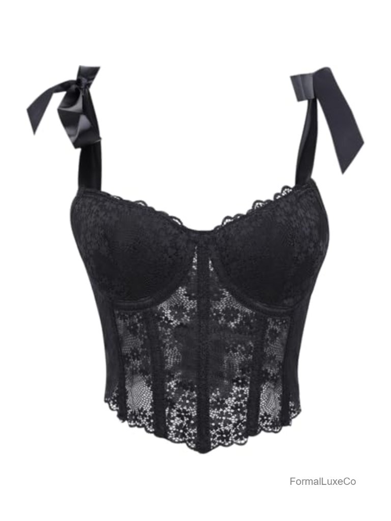 Floral Lace Corset Bustier Crop Top With Adjustable Ribbon Straps